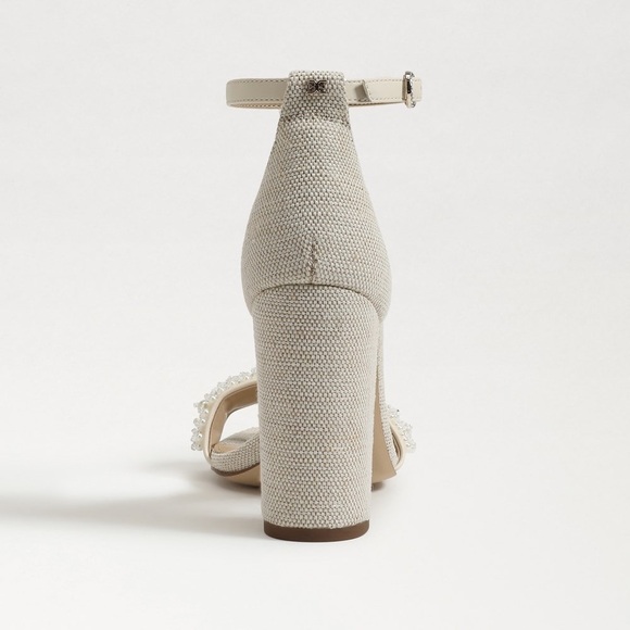 NEW Sam Edelman Sz 8Yaro Perla Open Toe Silk Tweed 4” Dazzling Heels Tan - Picture 5 of 13